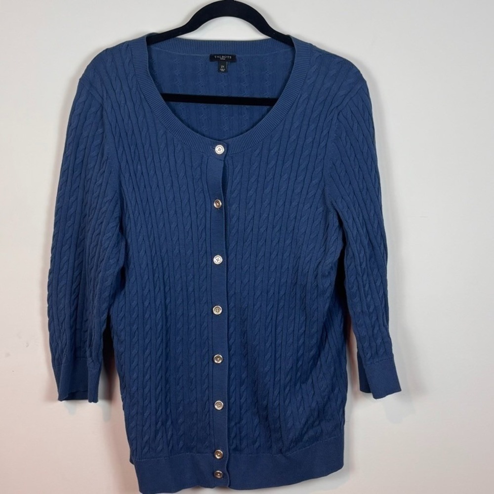 Talbots Womens 100%‎ Cotton Blue Cable Knit Cadigan SZ 2X Gold Button Classic